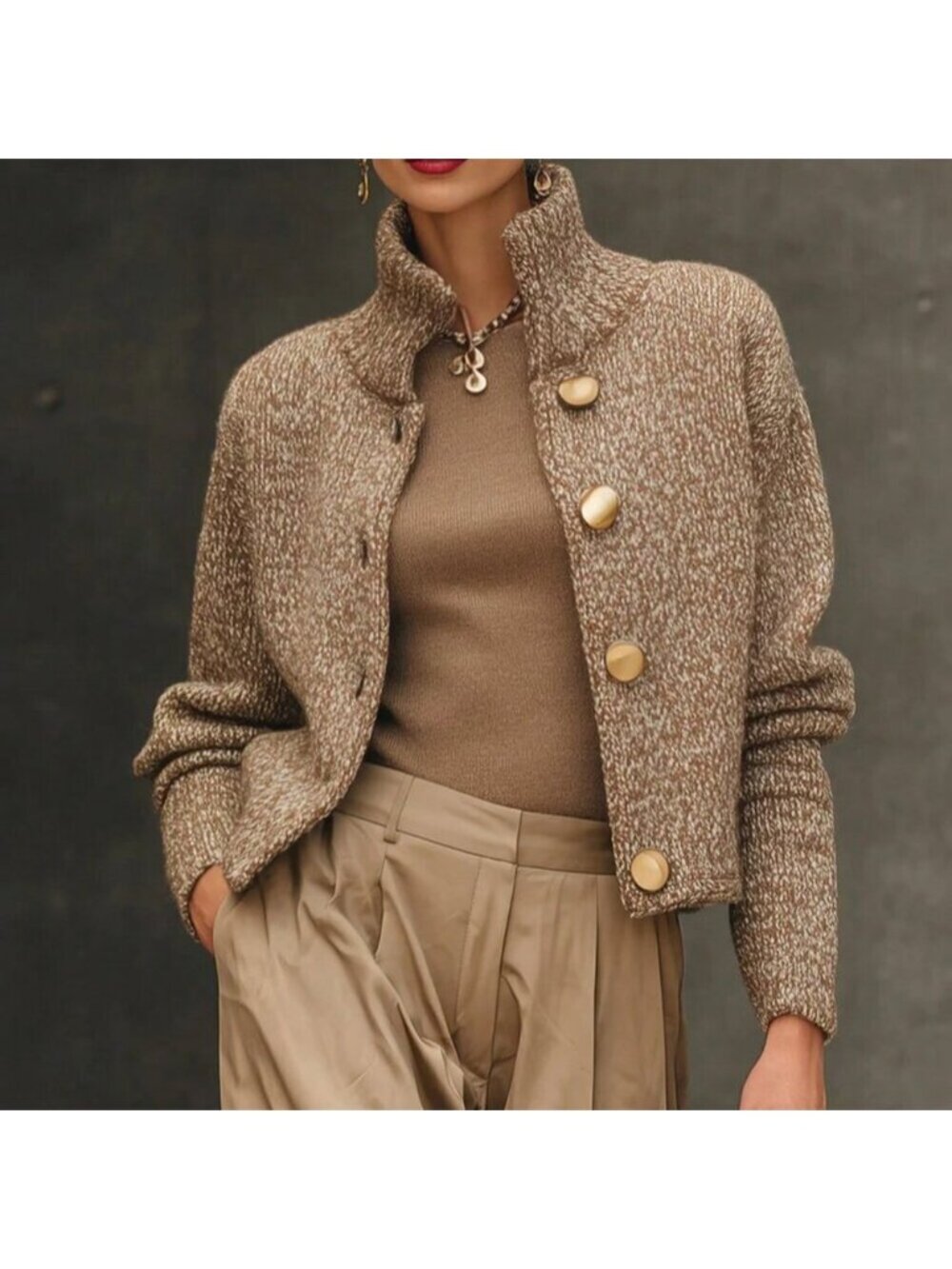 Brown Casual Women's Elegant Knit Cardigan